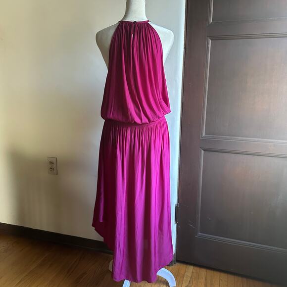 RAMY BROOK | Audrey High Neck Smocked Waist Midi Dress Magenta Pink | Size Large - Picture 3 of 8
